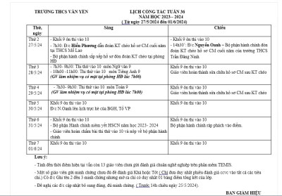 LỊCH CÔNG TÁC - TUẦN 36 (Từ ngày 27/5/2024 đến ngày 1/6/2024)