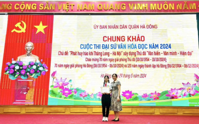 Trường THCS Văn Yên xin chúc mừng em Nguyễn Thị Cẩm Tú lớp 7A1 giành giải Nhất cuộc thi “ Đại sứ văn hoá đọc năm 2024” của quận Hà Đông và đạt giải Ba bài viết “ Hà Nội là Hà Nội “