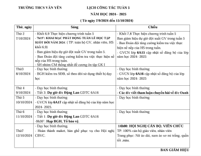 Lịch công tác tuần 5 (Từ ngày 7/10/2024 đến ngày 15/10/2024)