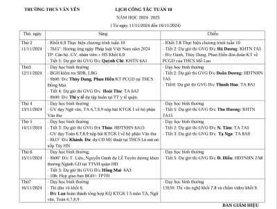 Lịch công tác tuần 10(Từ ngày 11/11/2024 đến ngày 16/11/2024)