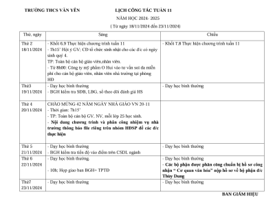 Lịch công tác tuần 11 (từ ngày 18/11/2024 đến ngày 23/11/2024)