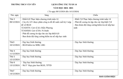 Lịch công tác tuần 14 (từ ngày 9/12/2024 đến ngày 14/12/2024)