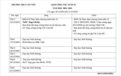 Lịch công tác tuần 15 (từ ngày 16/12/2024 đến ngày 21/12/2024)