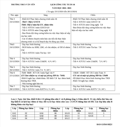 Lịch công tác tuần 16 (từ ngày 23/12/2024 đến ngày 28/12/2024)