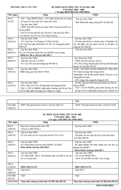 Lịch công tác tuần 18A, 18B (từ ngày 6/1/2025 đến ngày 16/1/2025)