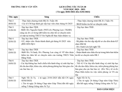 Lịch công tác tuần 19 (từ ngày 20/1/2025 đến ngày 25/1/2025)