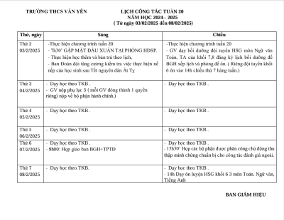 Lịch công tác tuần 20 (từ ngày 3/2/2025 đến ngày 8/2/2025)