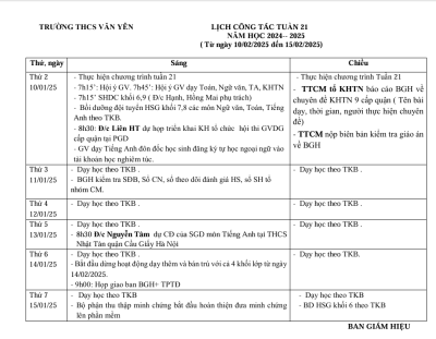 Lịch công tác tuần 21 (từ ngày 10/2/2025 đến ngày 15/2/2025)