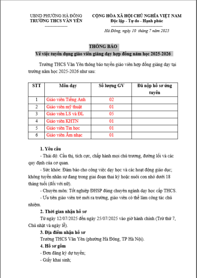 THÔNG BÁO v/v tuyển dụng giáo viên giảng dạy hợp đồng năm học 2025-2026