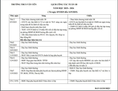 Lịch công tác tuần 1B(Từ ngày 8/9/2025 đến ngày 13/9/2025)